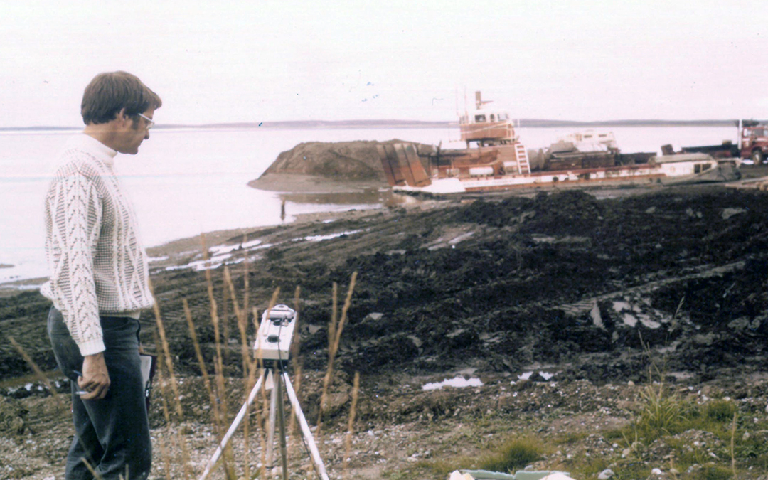 Ken Barron takes measurements at Inuvik while studying the effects of hovercraft noise on arctic wildlife.